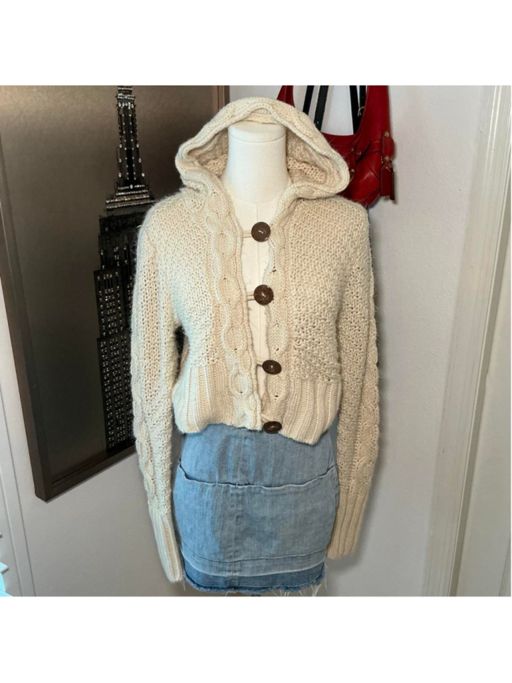 No Boundaries Cream Cable Knit Hooded Cardigan XL Y2K